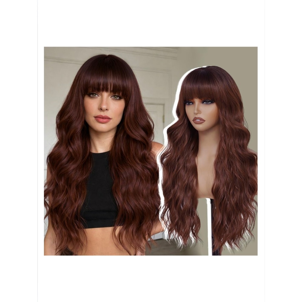 Long Wavy Fringe Wig in Deep Chestnut Brown - Women Hair Extensions